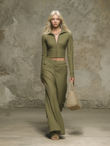 Western-style Olive Green Linen Zip-up Top And Wide-leg Pants Set
