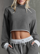 Casual High-neck Ribbed Long-sleeved Top And Shorts Set