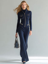 Casual And Versatile Blue Zippered Cotton Jacket And Pants Set.