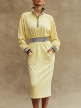Sporty Retro Striped Ribbed Light Yellow Half-zip Long-sleeved Midi Dress