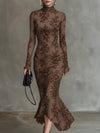 Elegant Brown 3D Floral Elastic Lace Fishtail Maxi Dress