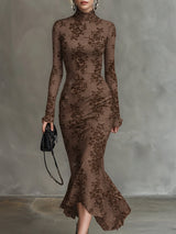 Elegant Brown 3D Floral Elastic Lace Fishtail Maxi Dress