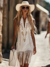 【24-hour shipping out】Casual Retro Bohemian Embroidered Sleeveless White Denim Tassel Mini Dress