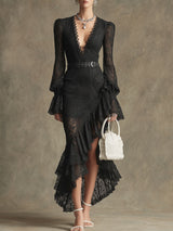 Fashionable Retro Long-sleeved Black Lace Ruffled Slit Maxi Dress