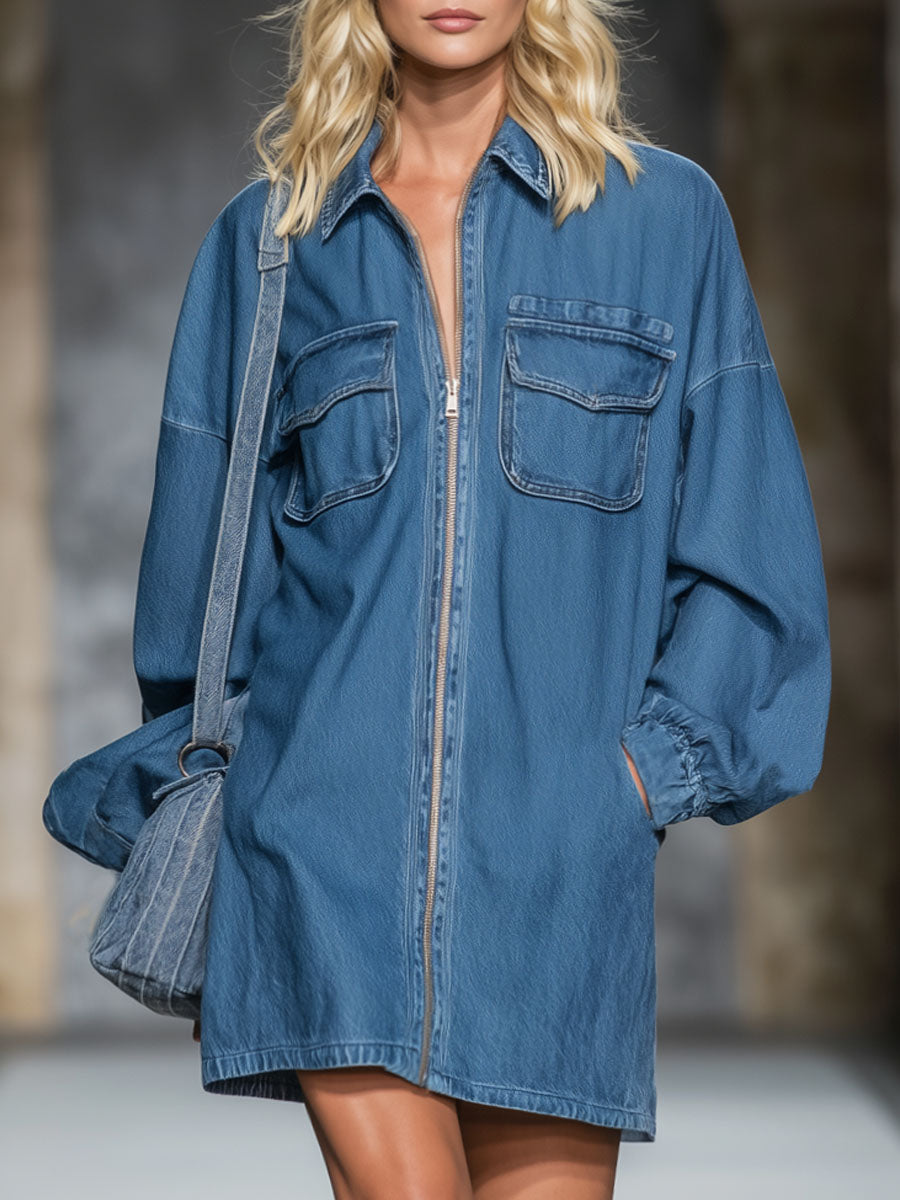 Collared Multi-pocket Zippered Denim Mini Dress