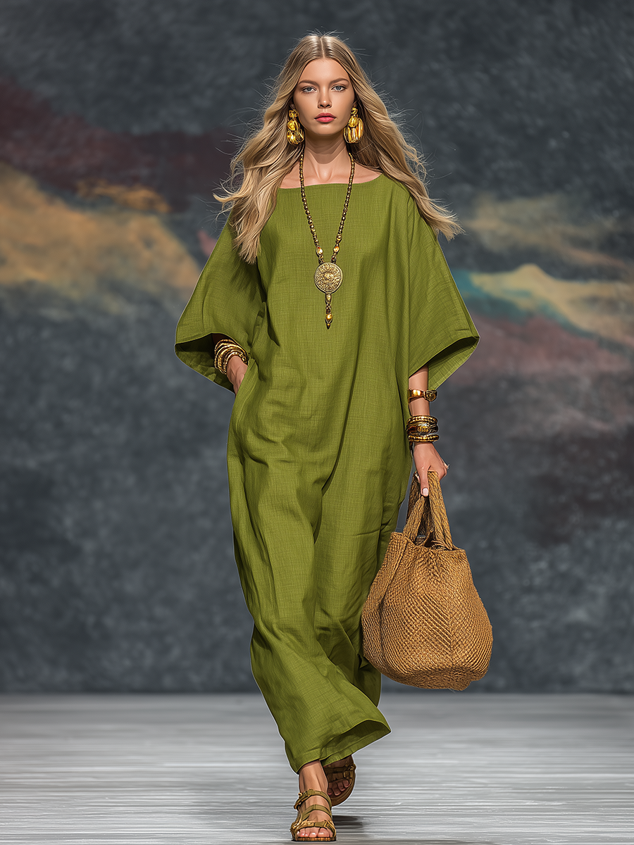 Vintage Bohemian Batwing Sleeve Cotton And Linen Midi Dress