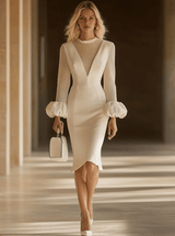 【24-hour shipping out】Elegant Classic Splicing Mesh Puff Sleeve Midi Dress