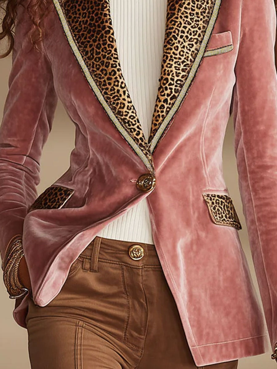Pink Velvet Stitching Leopard Print One Button Blazer