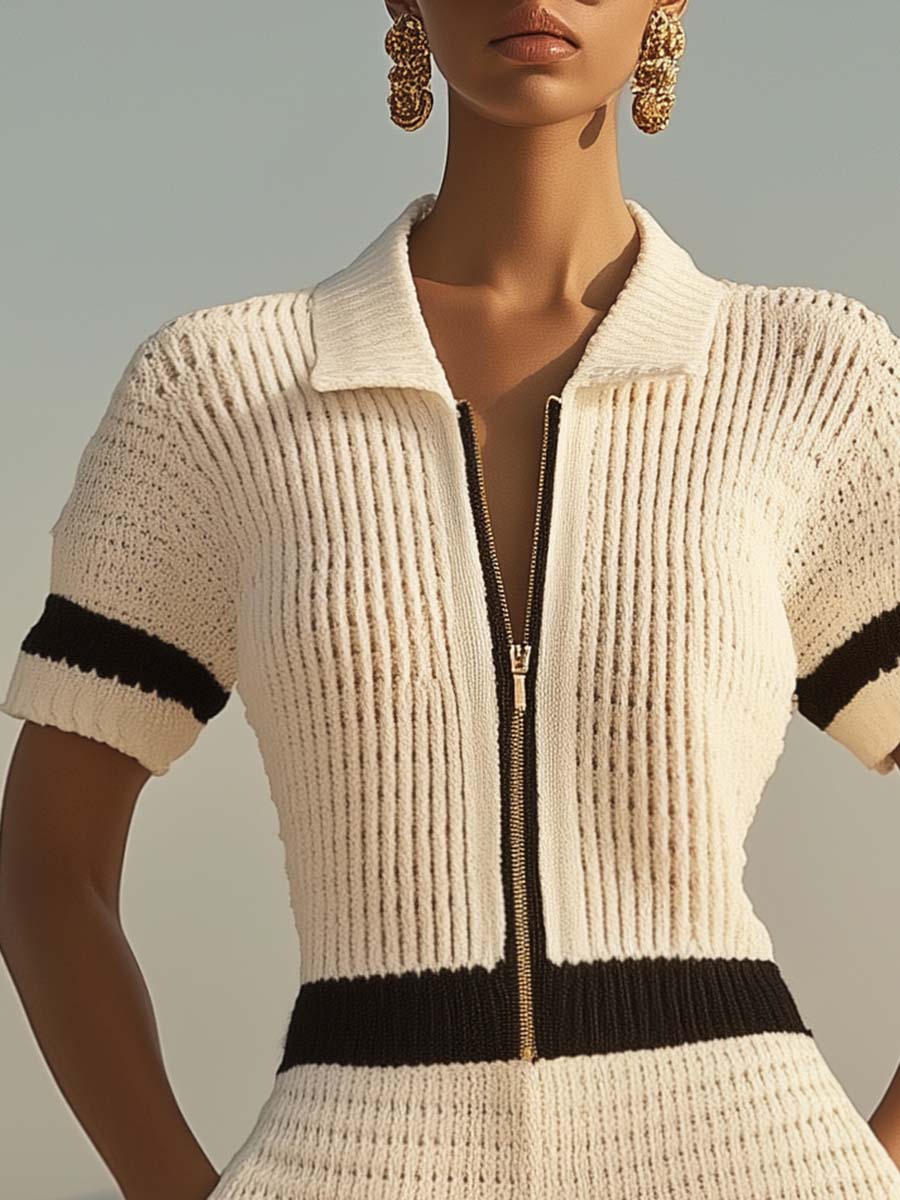 【24-hour shipping out】Breathable Fashion Front Zipper Short Sleeve Knit Shorts Jumpsuit