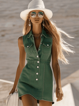 【24-hour shipping out】Fashion Vintage Green Denim Sleeveless Shirt Style Spring/Summer Mini Dress