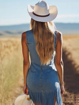 【24-hour shipping out】Casual Vintage Blue Denim V-Neck Tie Sleeveless Tassel Mini Dress