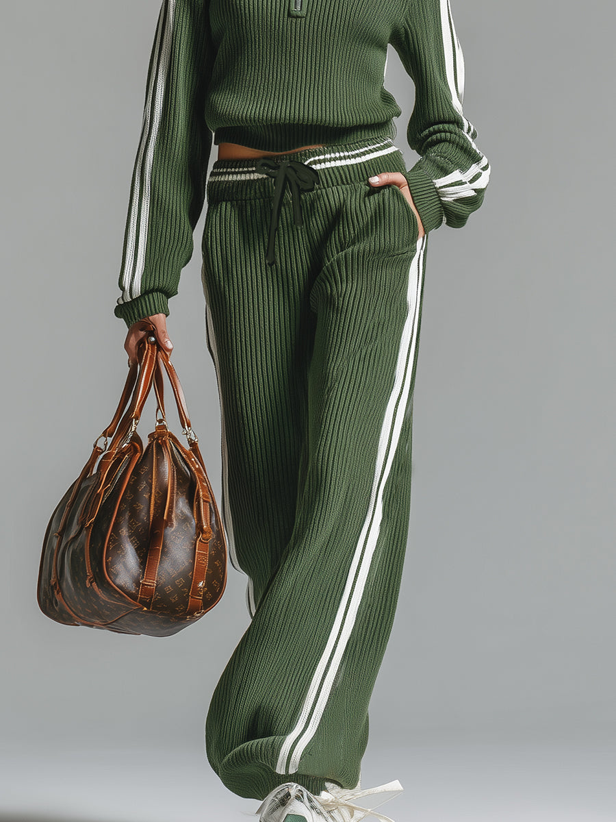 Retro Casual Green Sports Half-zip Knitted Sweater And Pants Set