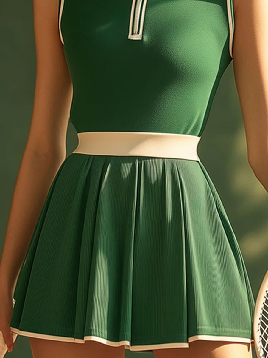 【24-hour shipping out】Casual Fashion Polo Neck White Trim Green Sleeveless Mini Dress