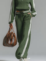 Retro Casual Green Sports Half-zip Knitted Sweater And Pants Set