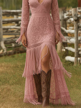 Retro White Lace V-neck Long Sleeve Tassel Short Front And Long Back Skirt Maxi Dress