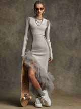 Sporty Retro Light Gray Knit Ribbed Irregular Ruffle Maxi Dress