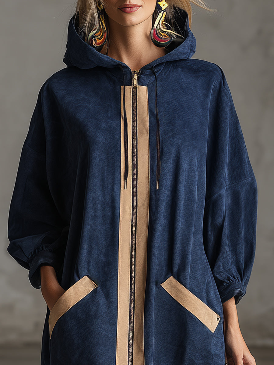 Loose-fitting, Casual Beige-trimmed Navy Blue Faux Suede Hooded Maxi Dress