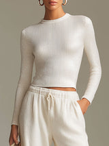 Fashionable Sporty White Knit Ribbed Crew Neck Top And Wide-leg Pants Set