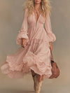 Elegant Flowing Western V-neck Front Zipper Puff Hem Lantern Sleeves Light Pink Chiffon Midi Dress