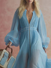 Elegant Fashion Flowing V-neck Front Zipper Ruffled Hem Sky Blue Chiffon Maxi Dress