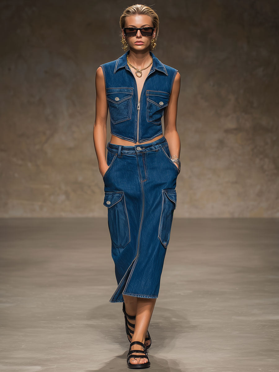 Casual Retro Dark Blue Denim Vest And Workwear Skirt Set