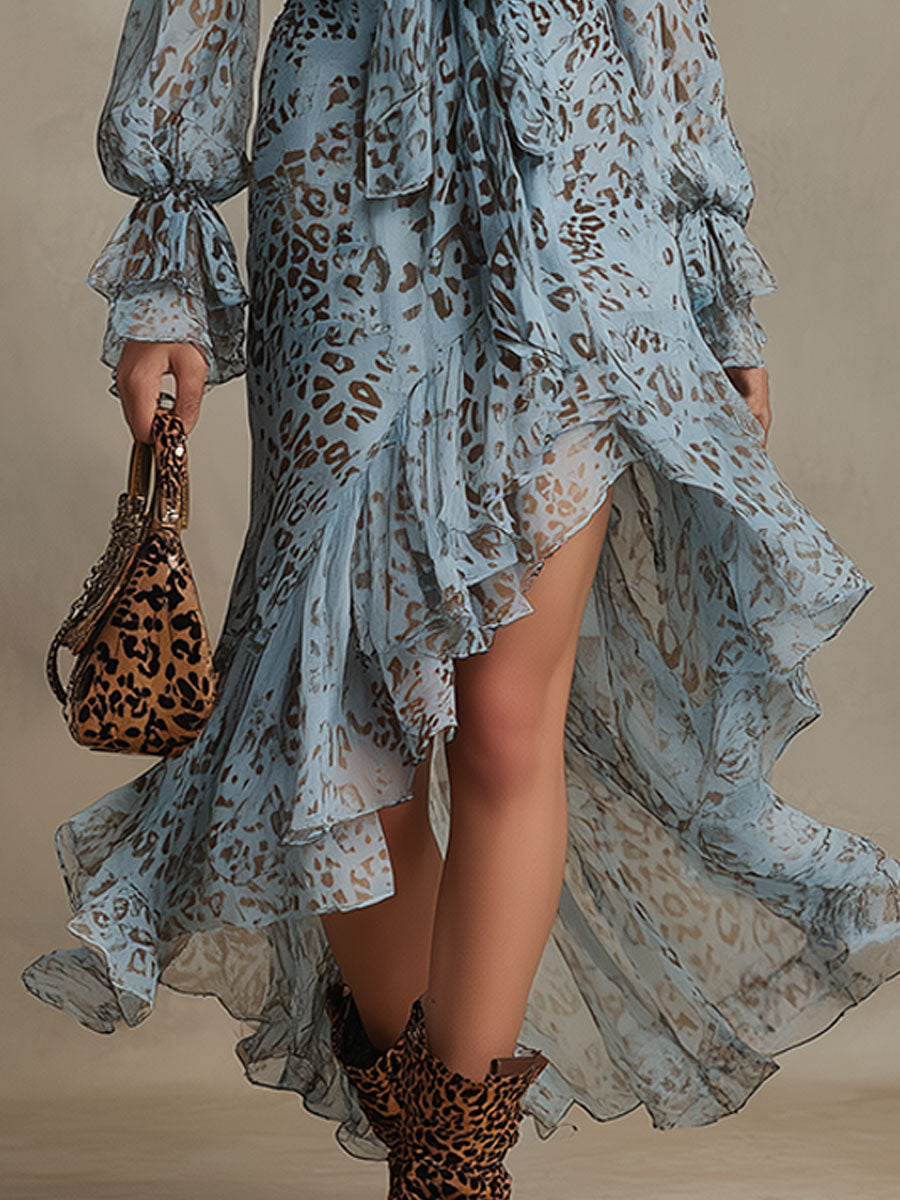 Stylish Retro Leopard Print Light Blue V-neck Chiffon Midi Dress
