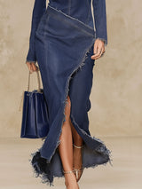 Elegant Round Neck Side-slit Denim Long-sleeved Midi Dress