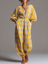 Fashionable Retro Long-sleeved Yellow And Blue Plaid Chiffon Zipper Balloon Jumpsuit