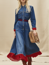 Retro-chic Ribbed Waist And Red Ruffled Hem Denim Maxi Dress