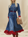 Retro-chic Ribbed Waist And Red Ruffled Hem Denim Maxi Dress