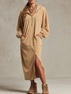 Casual Sporty Retro Camel Hooded Sweatshirt With Slit Midi Dress