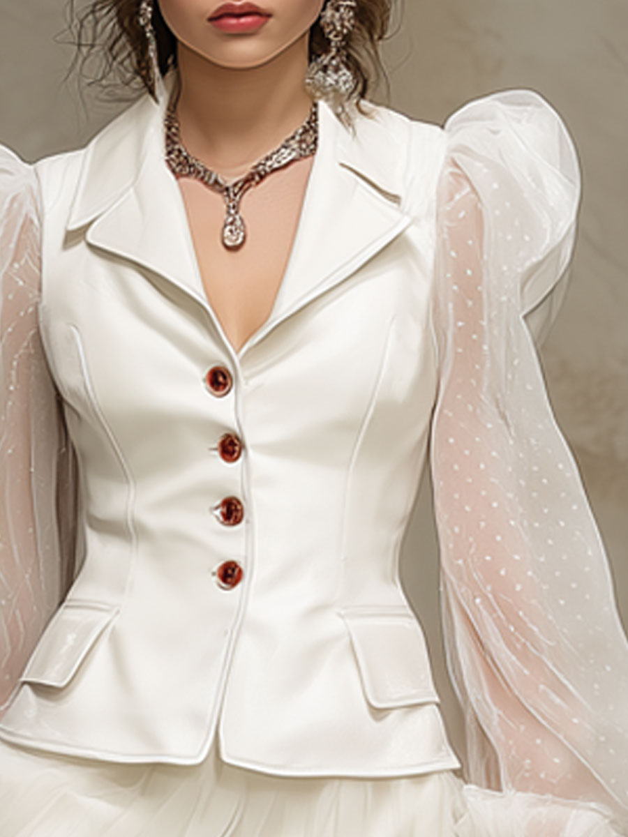 Fashionable Retro White Polka Dot Tulle Long-sleeved PU Suit Skirt Set