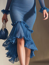 Stylish And Elegant Blue V-neck Midi Dress