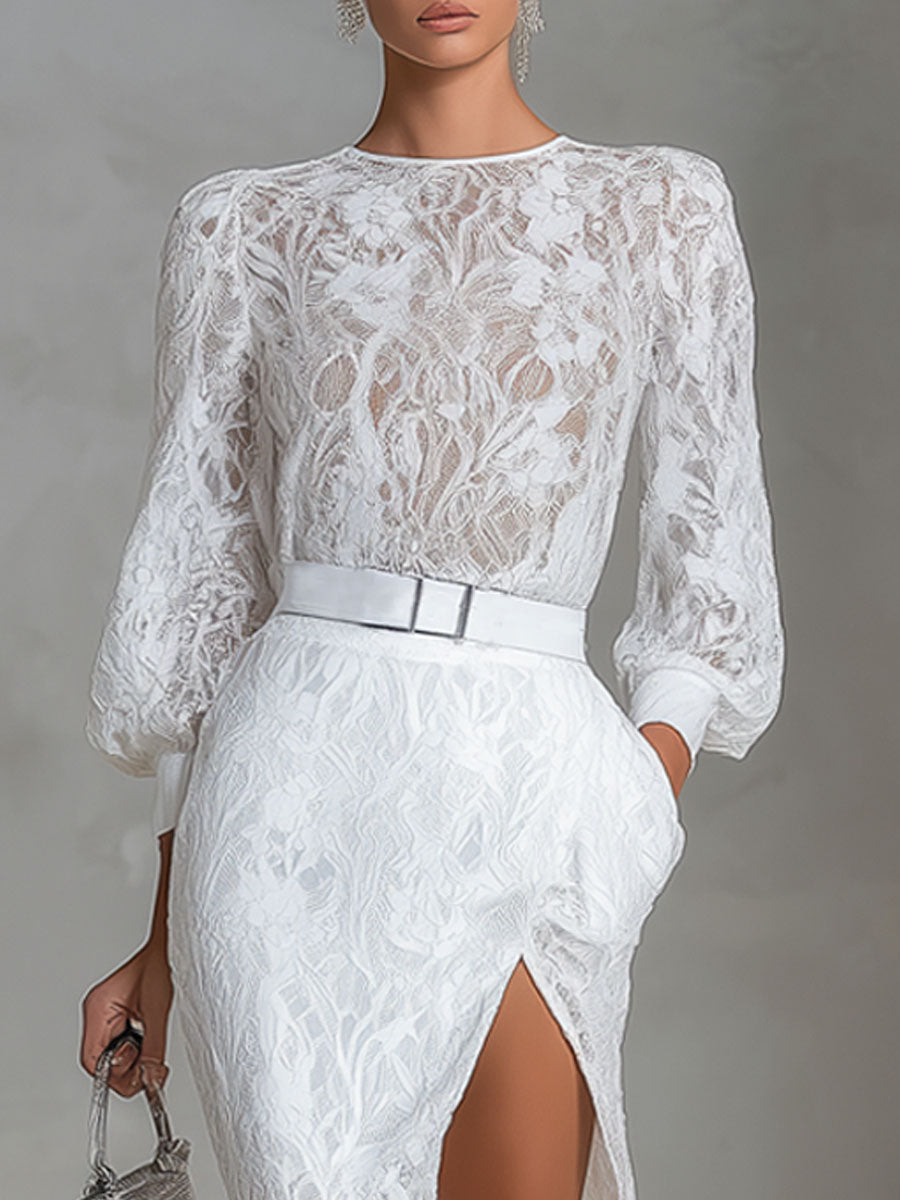 Elegant Round-neck Lace Long-sleeved Top And Slit Lace Skirt Set