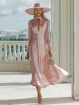 Elegant Retro V-neck Lace Long-sleeved Light Pink Satin Maxi Dress