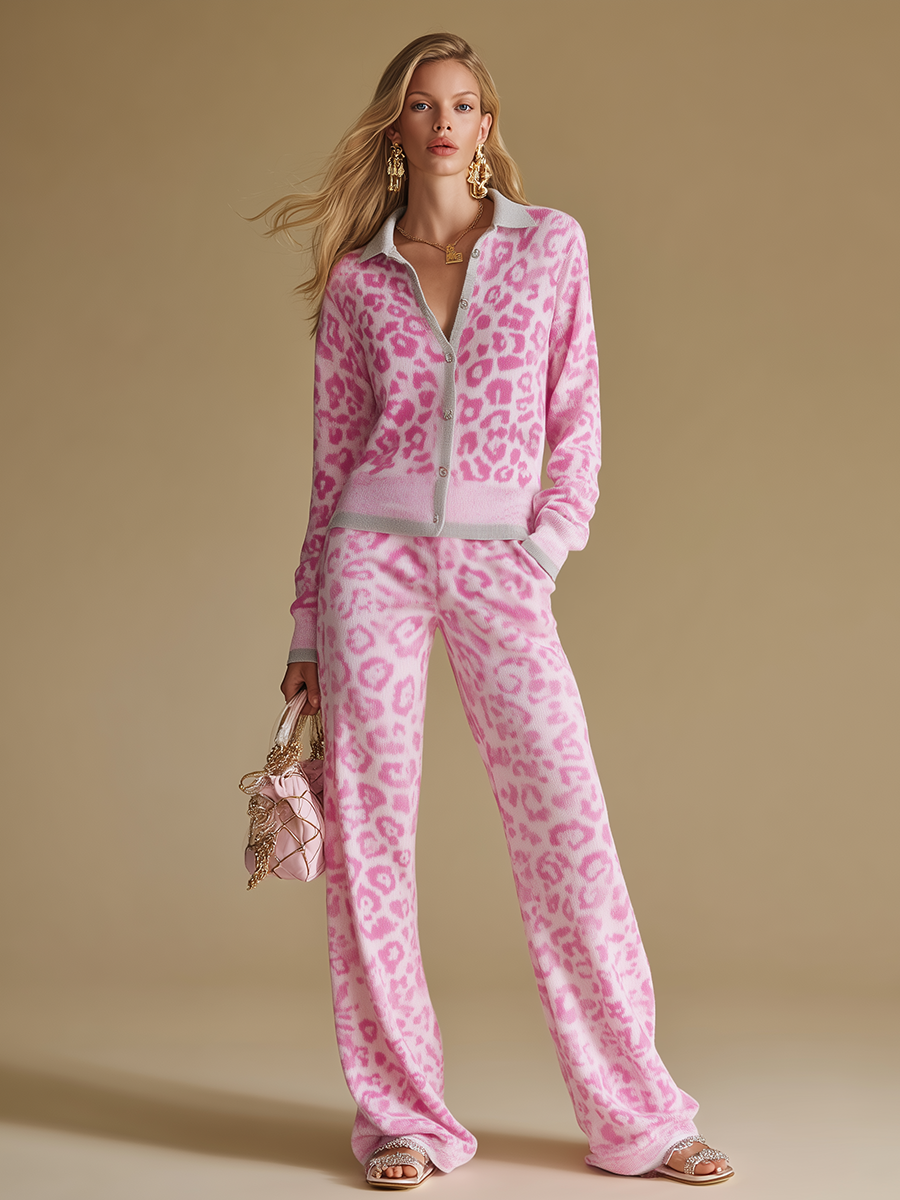 Elegant And Retro Color-blocked Leopard Print Knitted Top And Pants Set.
