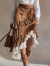 Elegant Western-style Leopard Print And White Lace Layered Ruffled Light Brown Suede Skirt