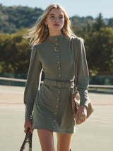 Retro-style Olive Green Stand-up Collar Mini Dress