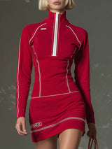 Sporty Stand Collar Zip-up Contrasting Trim Long-sleeved Mini Dress