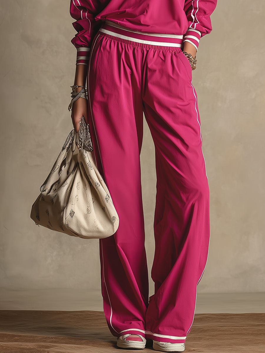 Retro Casual Zip-up Stand-collar Contrasting Trim Top And Pants Set