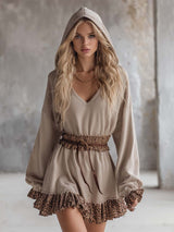 Stylish Leopard Print Trim Beige Thin Knit Hooded Sporty Mini Dress