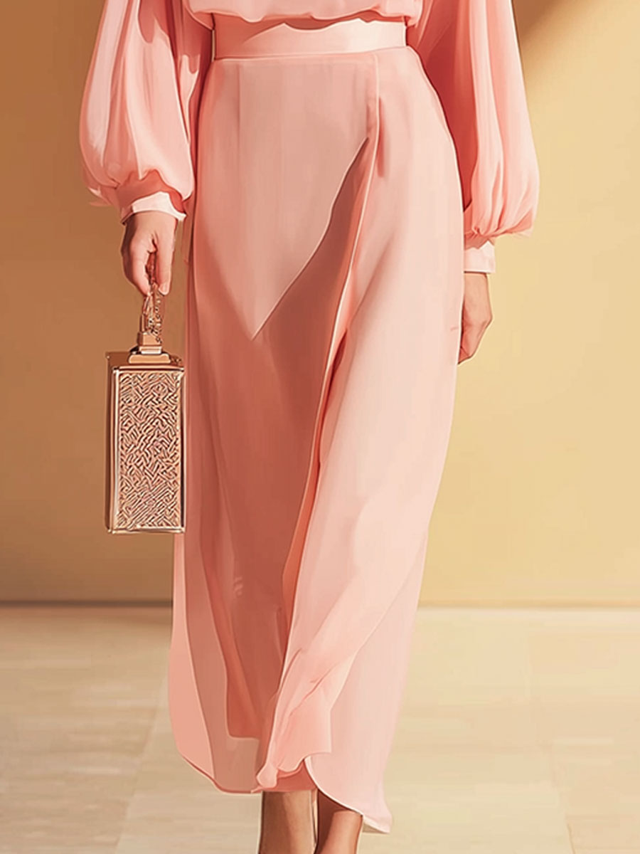 Elegant And Loose-fitting Pink Chiffon Top And Skirt Set