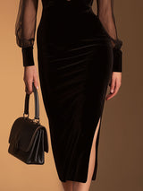 Elegant And Sexy Black Mesh And Velvet Midi Dress