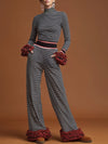 Sporty Retro Red Ruffled Black And White Striped T-shirt And Wide-Leg Pants Set