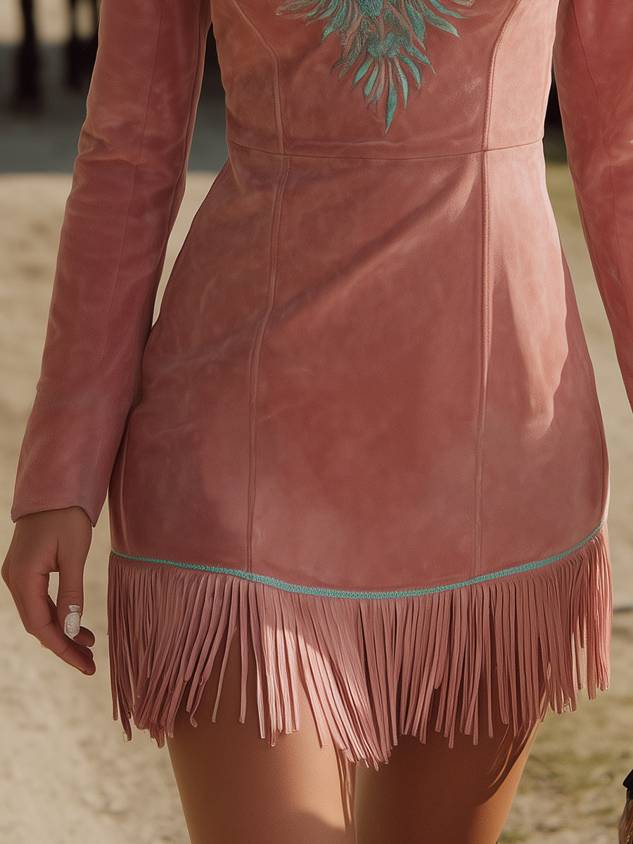 Retro Western-style Embroidered V-neck Fringed Faux Suede Mini Dress
