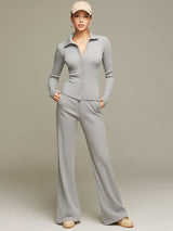 Sporty Grey And Silver-thread Knit Ribbed Cardigan And Flared Pants Set