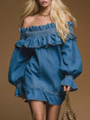 Elegant Personality Fashion Ruffled Off-the-shoulder Long Sleeves Blue Denim Mini Dress