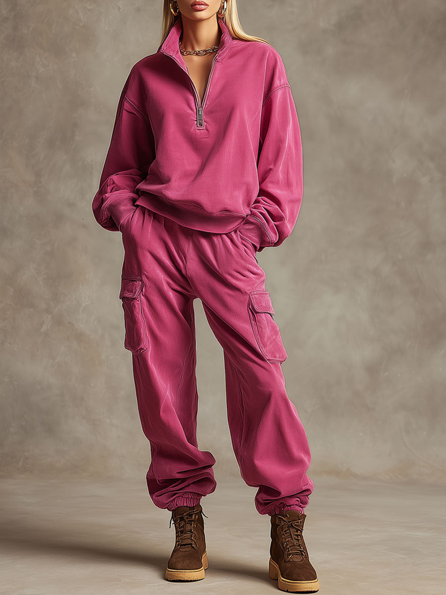 Casual Sporty Retro Rose Red Cotton Sweatshirt And Cargo Pants Set