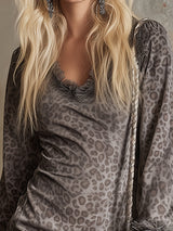 Retro Grey Tulle Trim Leopard Print Faux Suede Mini Dress