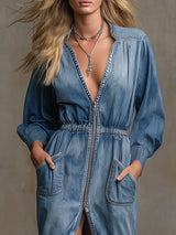 Retro V-neck Double-pocket Zip-up Long-sleeved Midi Dress